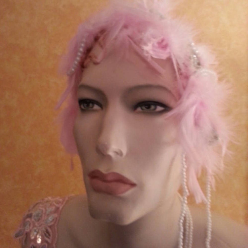 Pink Feather Pearl Rhinestone Bridal Headpiece - Picture 4 of 5